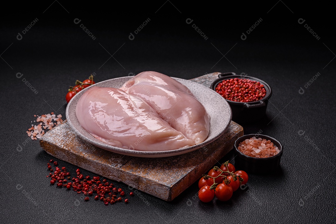 Carne de frango fresca crua em uma mesa de concreto