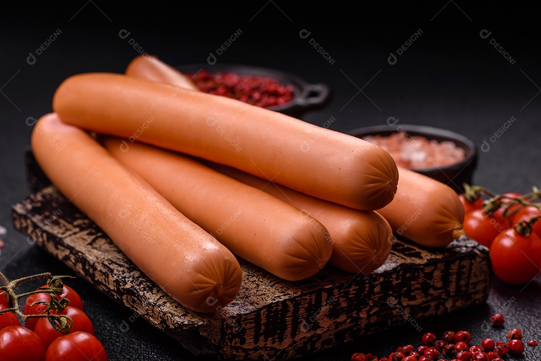 Deliciosa salsicha pré cozido em uma mesa de concreto