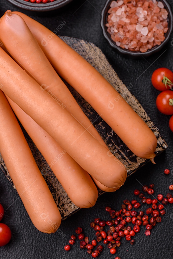 Deliciosa salsicha pré cozido em uma mesa de concreto