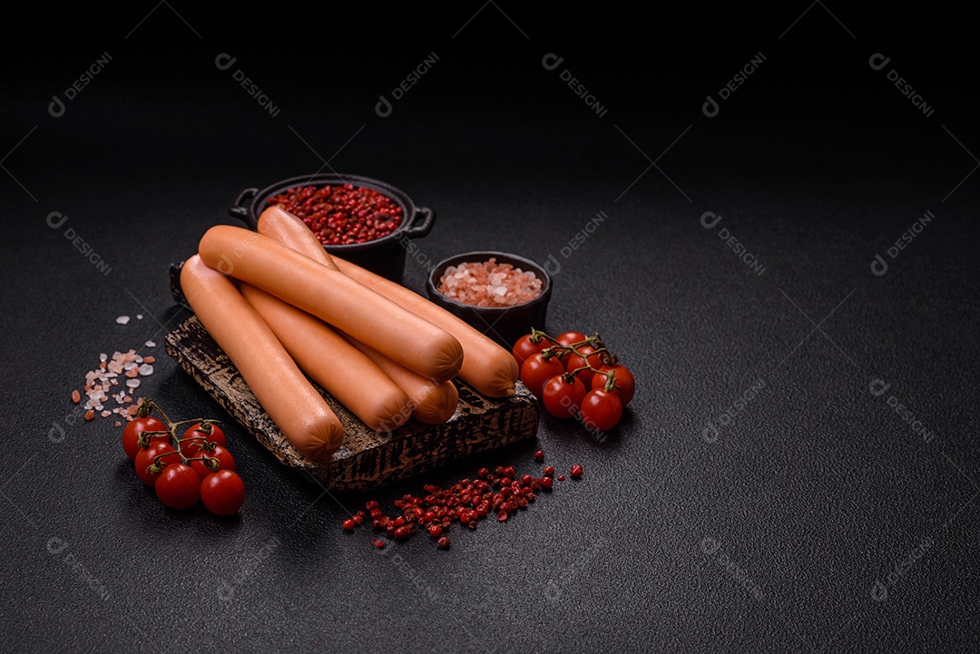 Deliciosa salsicha pré cozido em uma mesa de concreto