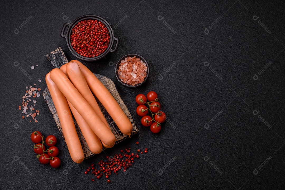 Deliciosa salsicha pré cozido em uma mesa de concreto