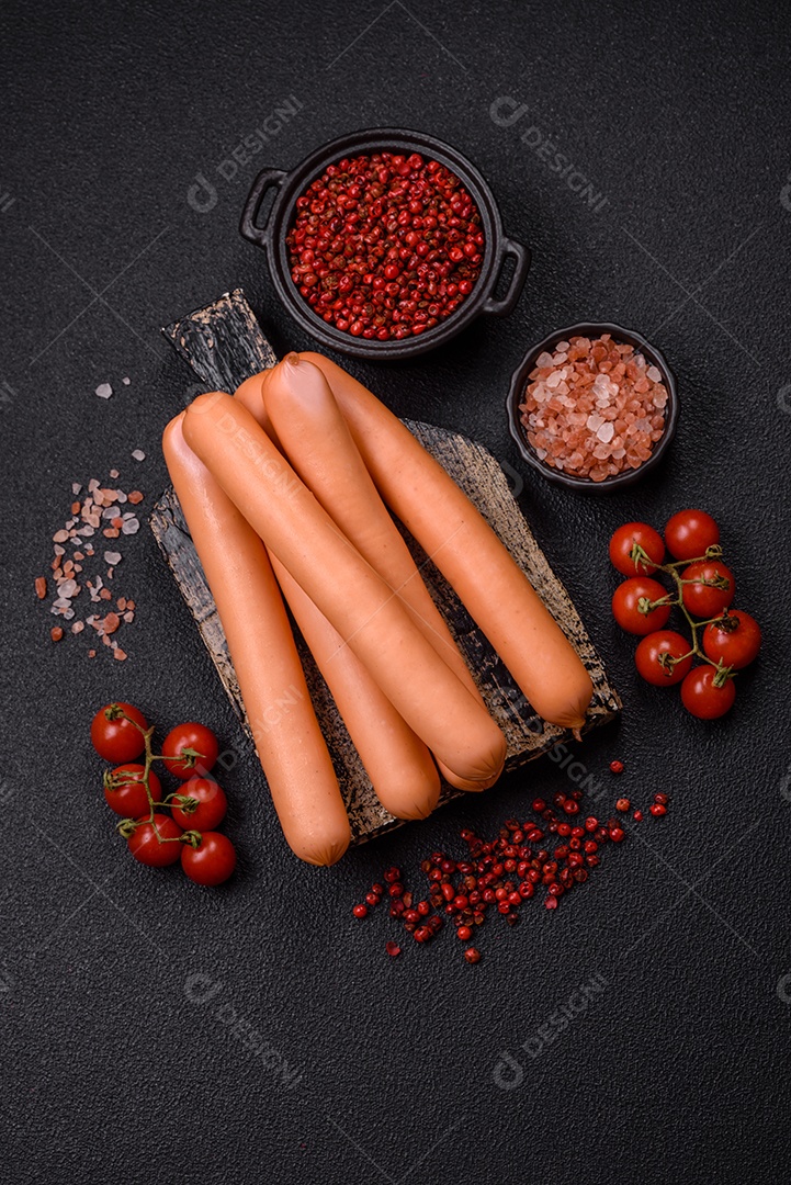 Deliciosa salsicha pré cozido em uma mesa de concreto