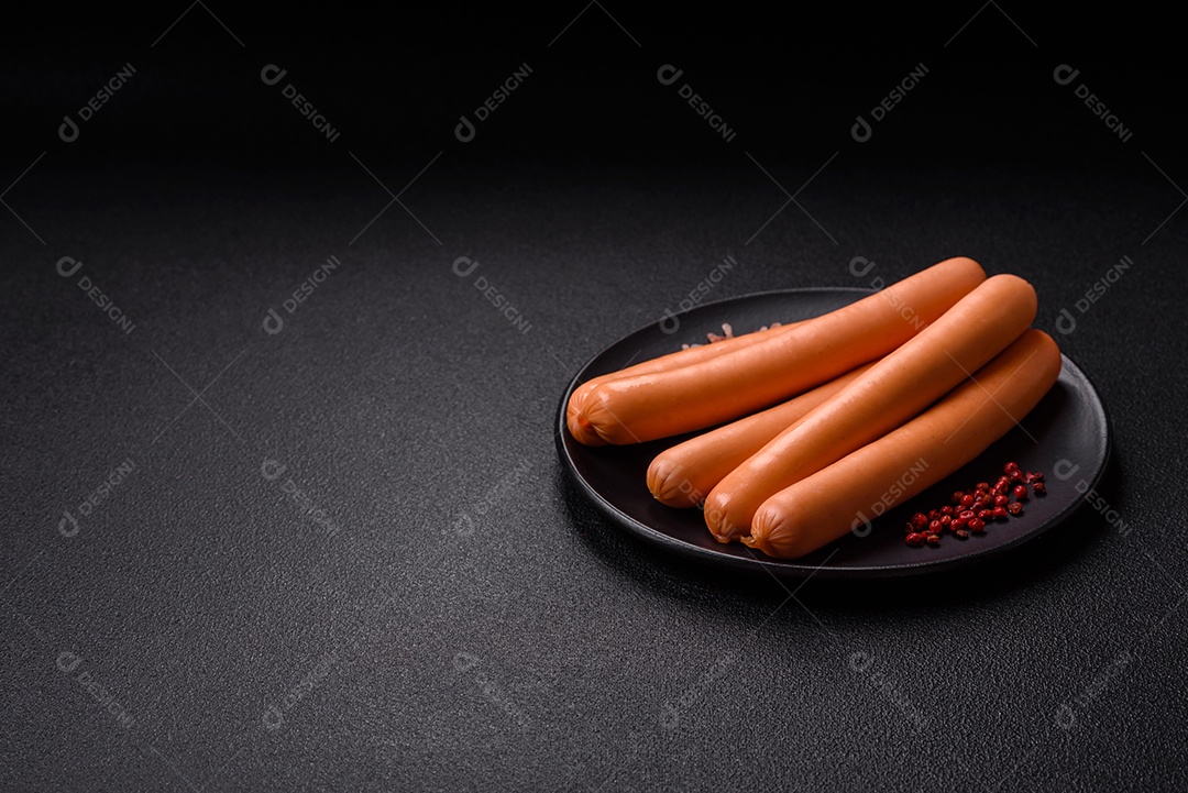 Deliciosa salsicha pré cozido em uma mesa de concreto