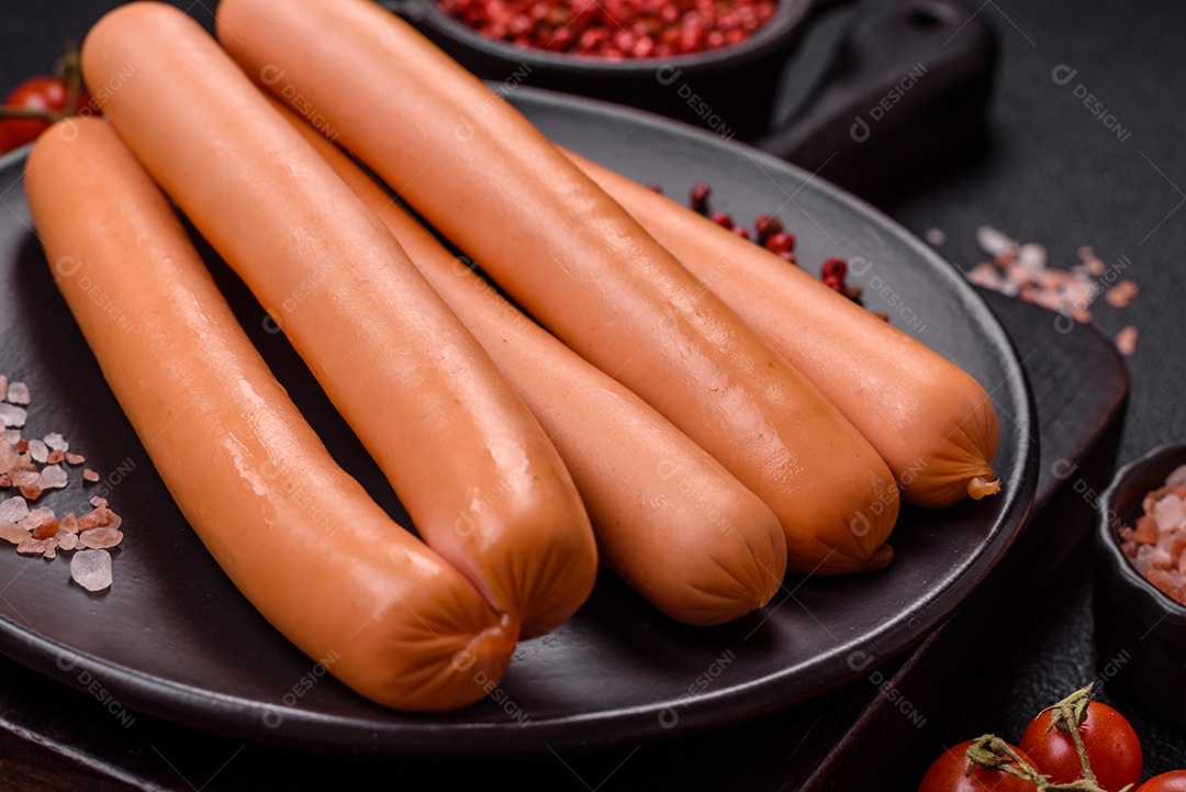 Deliciosa salsicha pré cozido em uma mesa de concreto