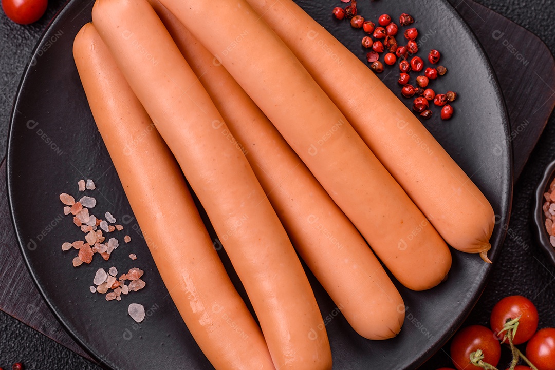 Deliciosa salsicha pré cozido em uma mesa de concreto