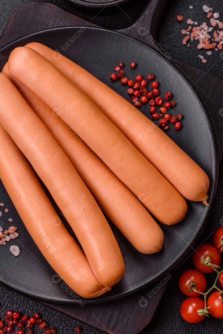Deliciosa salsicha pré cozido em uma mesa de concreto