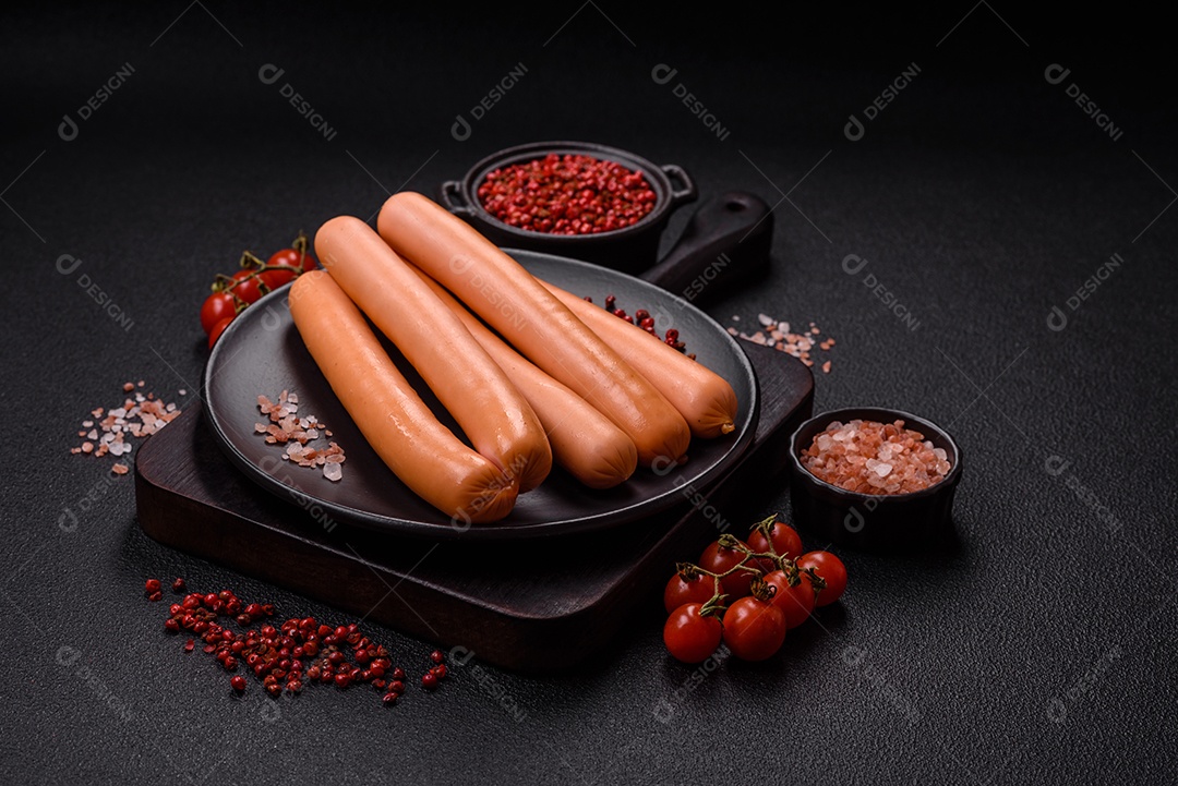 Deliciosa salsicha pré cozido em uma mesa de concreto