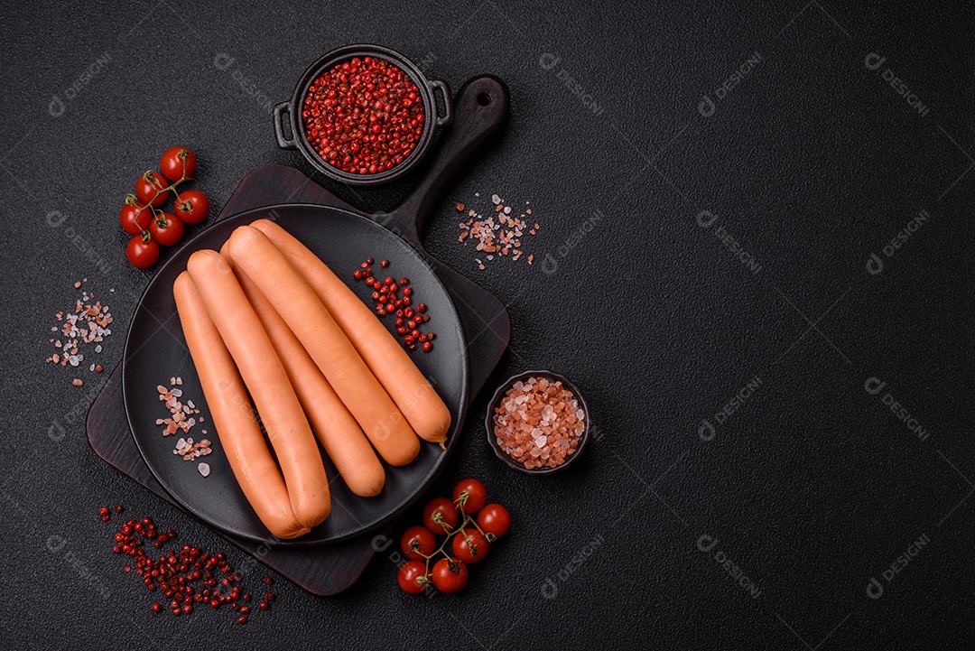 Deliciosa salsicha pré cozido em uma mesa de concreto