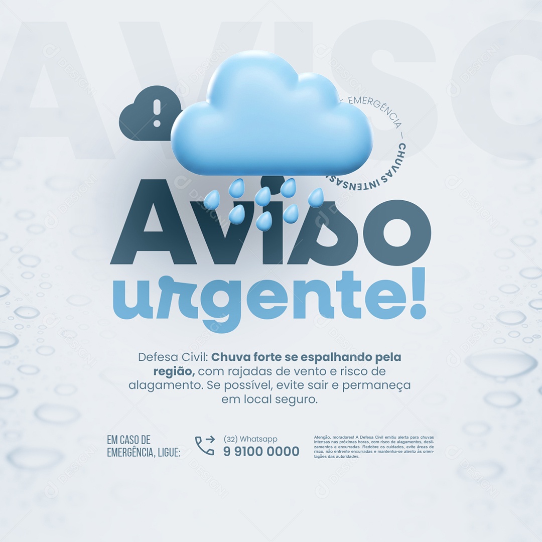 Defesa Civil Alerta De Chuvas Aviso Urgente Social Media PSD Editável