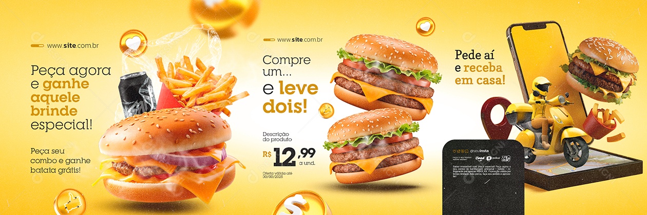 Carrossel Burguer Compre Um e Leve Dois Social Media PSD Editável