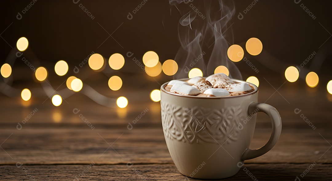 Marshmallow em uma xícara sobre uma mesa de madeira