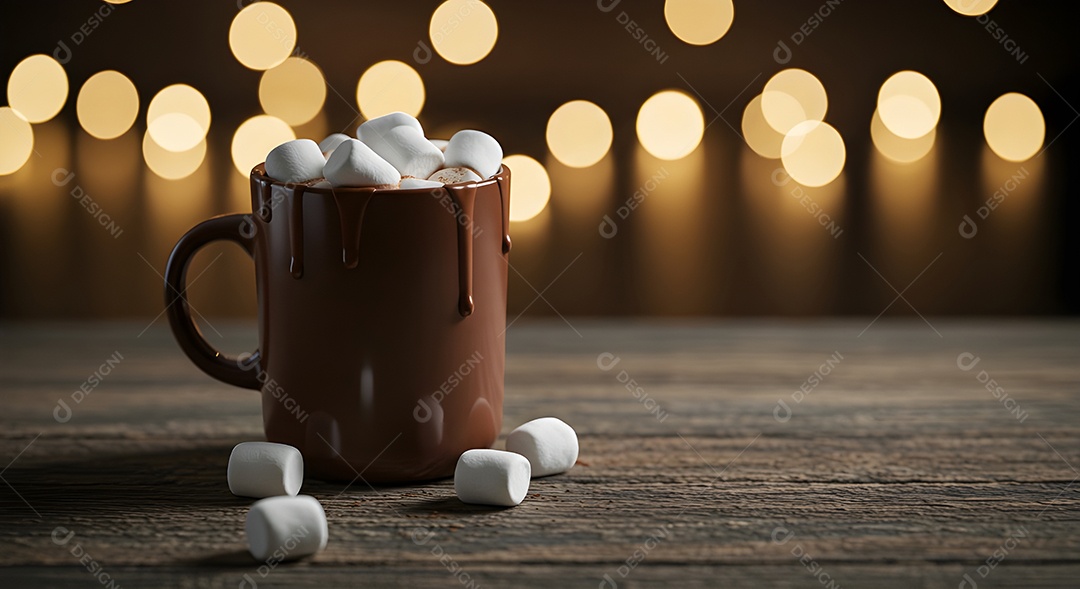 Marshmallow em uma xícara sobre uma mesa de madeira