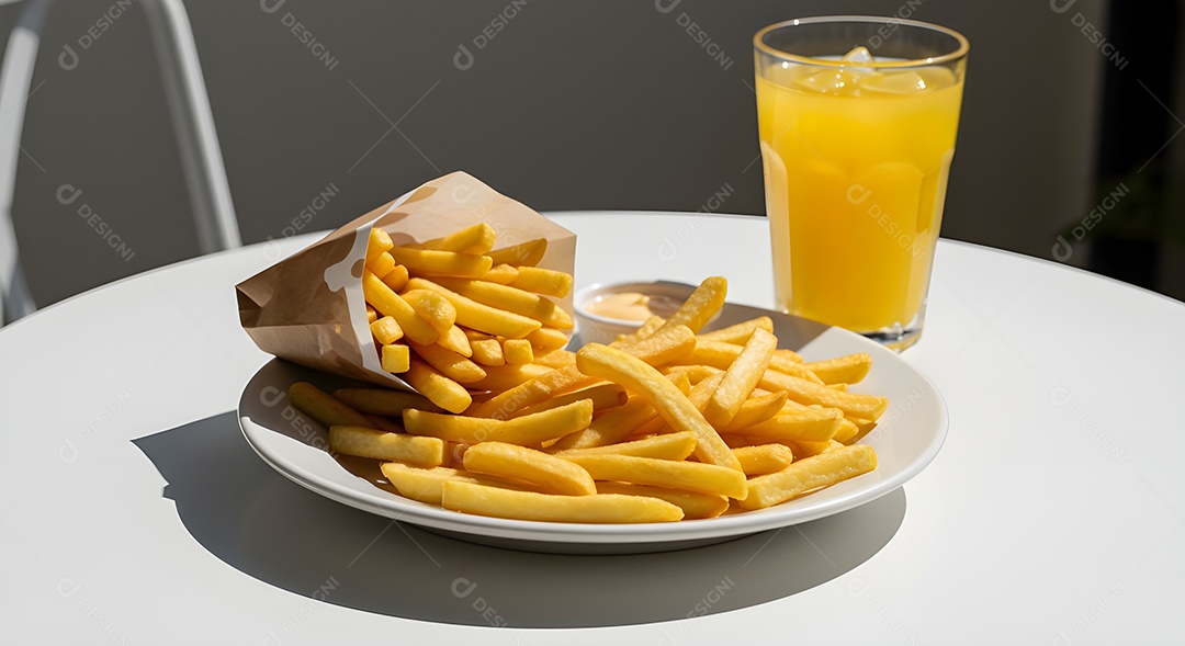 Porção de batata ao lado de copo de suco