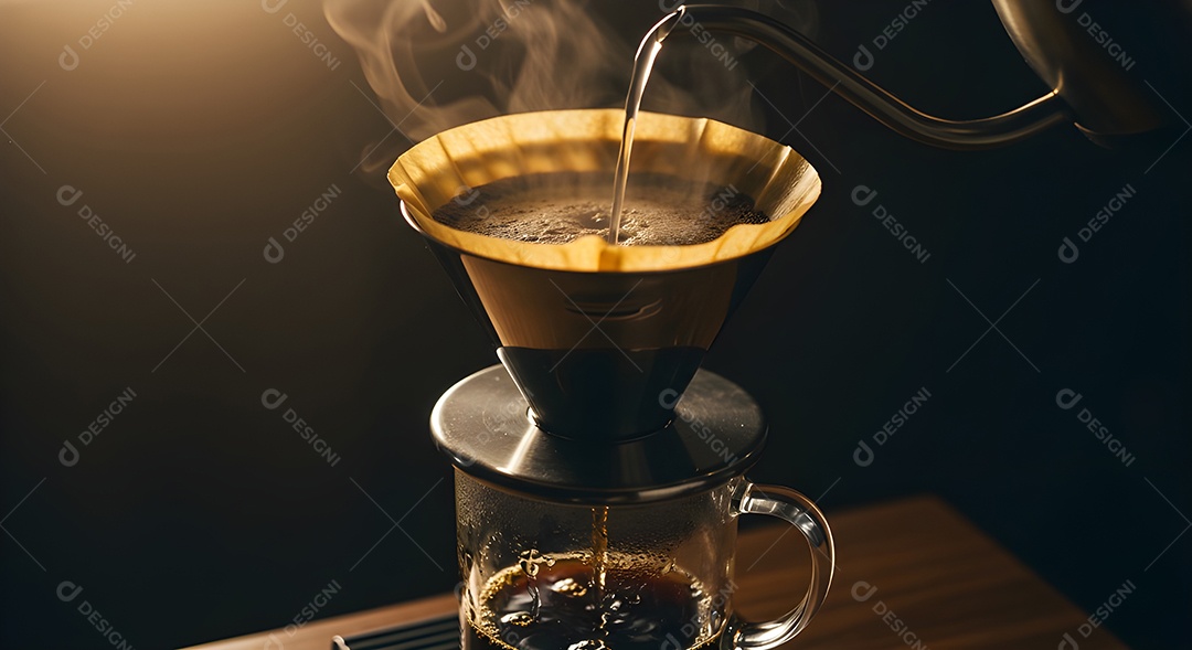Coando café em uma xícara de vidro