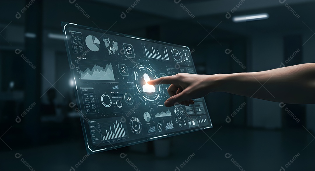 Mão interagindo com uma interface de usuário holográfica ou transparente