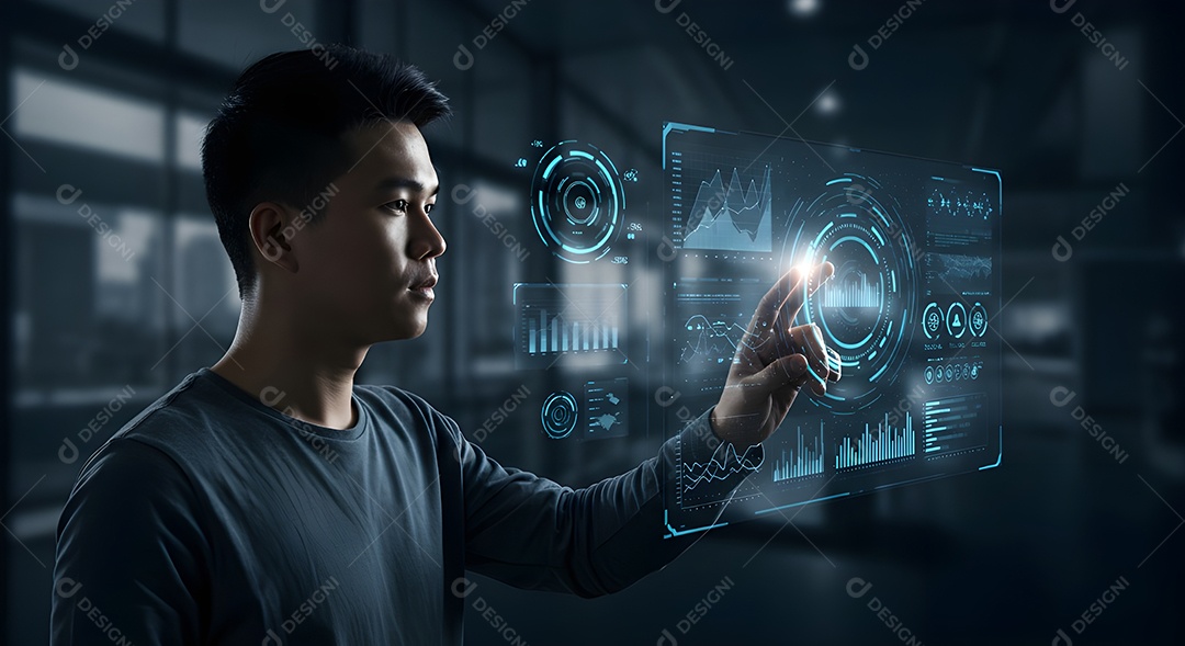 Mão interagindo com uma interface de usuário holográfica ou transparente