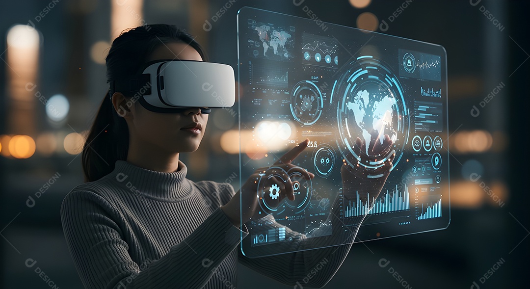 Mão interagindo com uma interface de usuário holográfica ou transparente