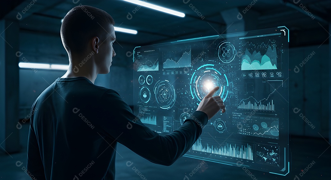 Mão interagindo com uma interface de usuário holográfica ou transparente
