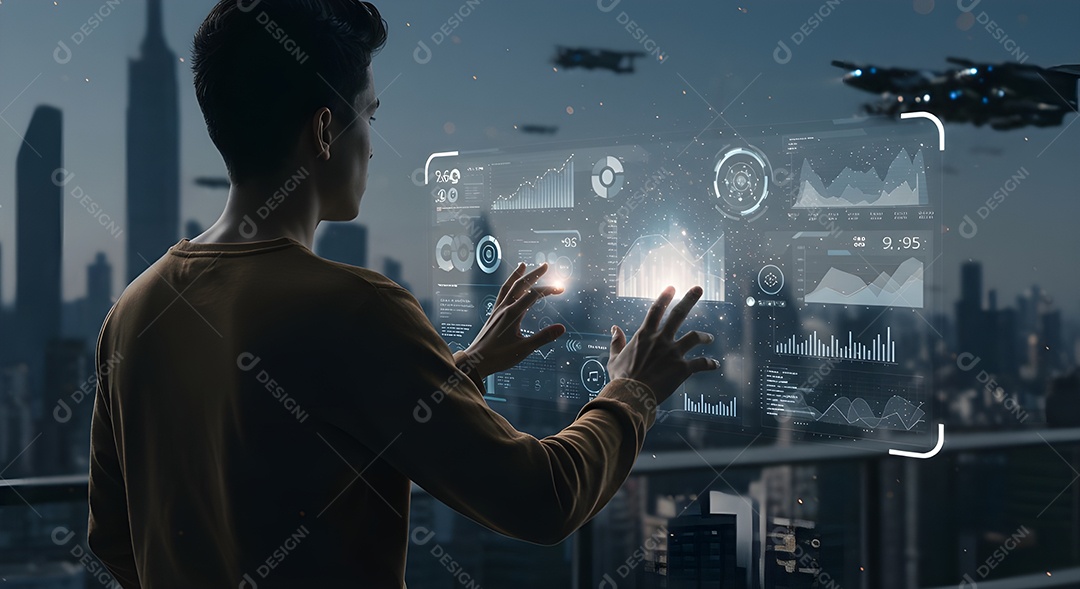 Mão interagindo com uma interface de usuário holográfica ou transparente