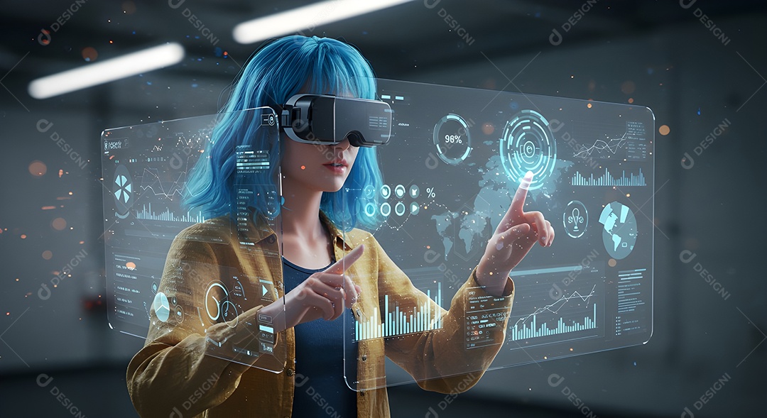 Mão interagindo com uma interface de usuário holográfica ou transparente