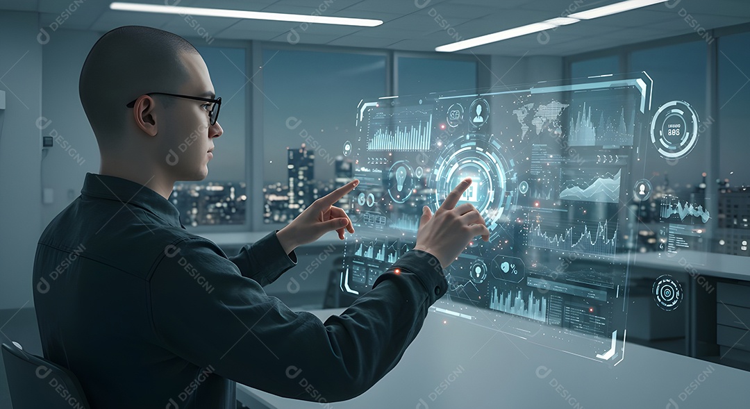 Mão interagindo com uma interface de usuário holográfica ou transparente