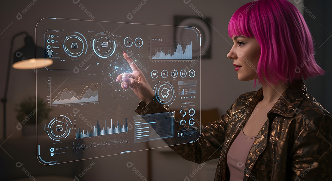 Mãos de mulher interagindo com uma interface de usuário holográfica ou transparente