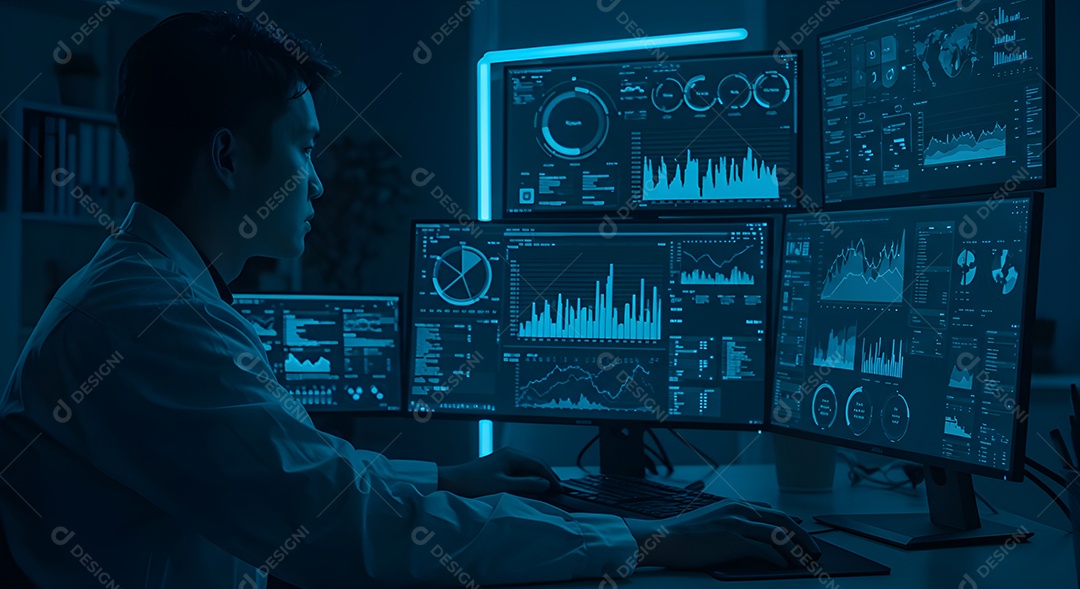 Homem empresário em um escritório mexendo em seu computador