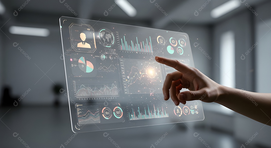 Mão interagindo com uma interface de usuário holográfica ou transparente