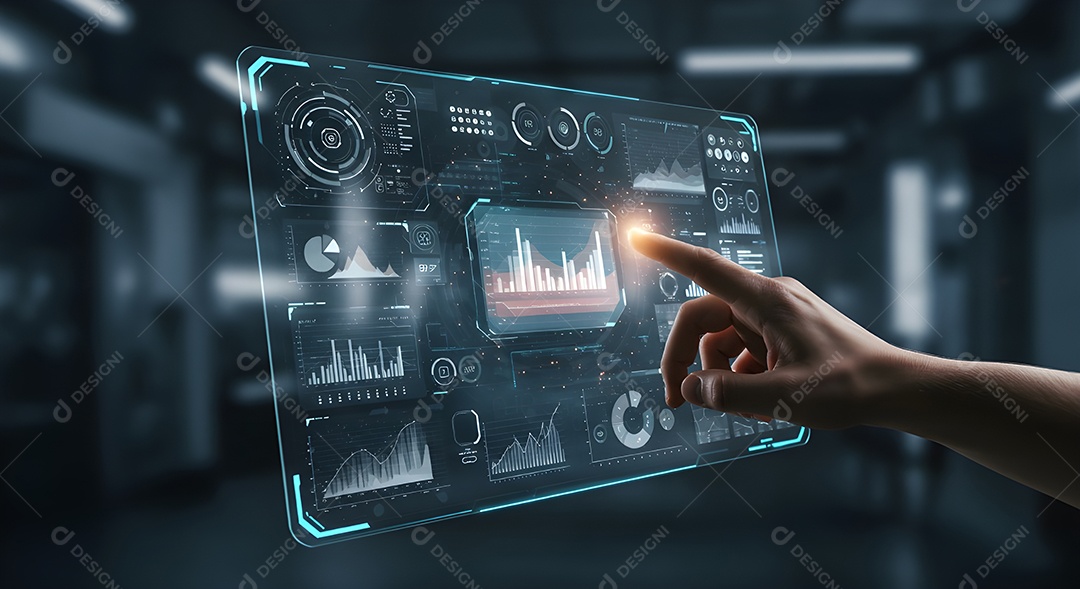 Mão interagindo com uma interface de usuário holográfica ou transparente