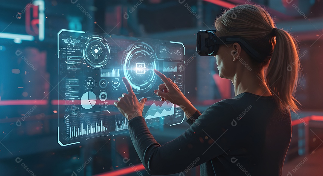 Mão interagindo com uma interface de usuário holográfica ou transparente