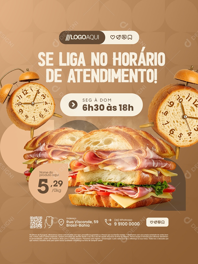 Padaria Se Liga no Horário de Atendimento Social Media PSD Editável