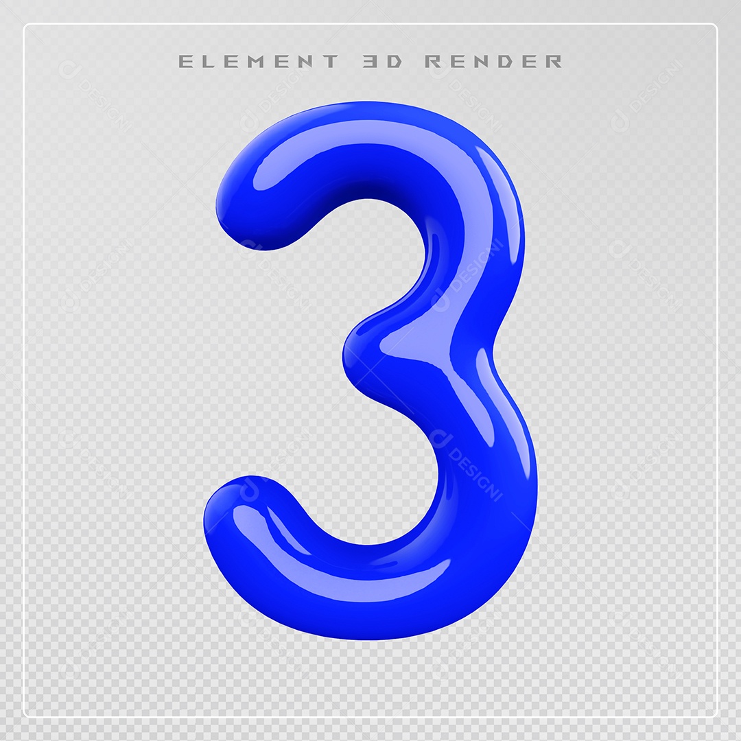 Elemento 3D Número 3 Azul para Composição PSD