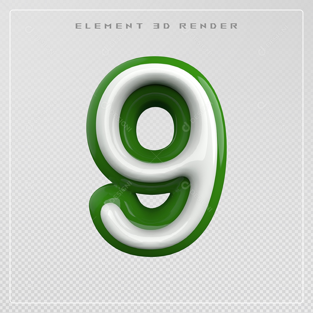 Elemento 3D Número 9 Verde e Branco para Composição PSD