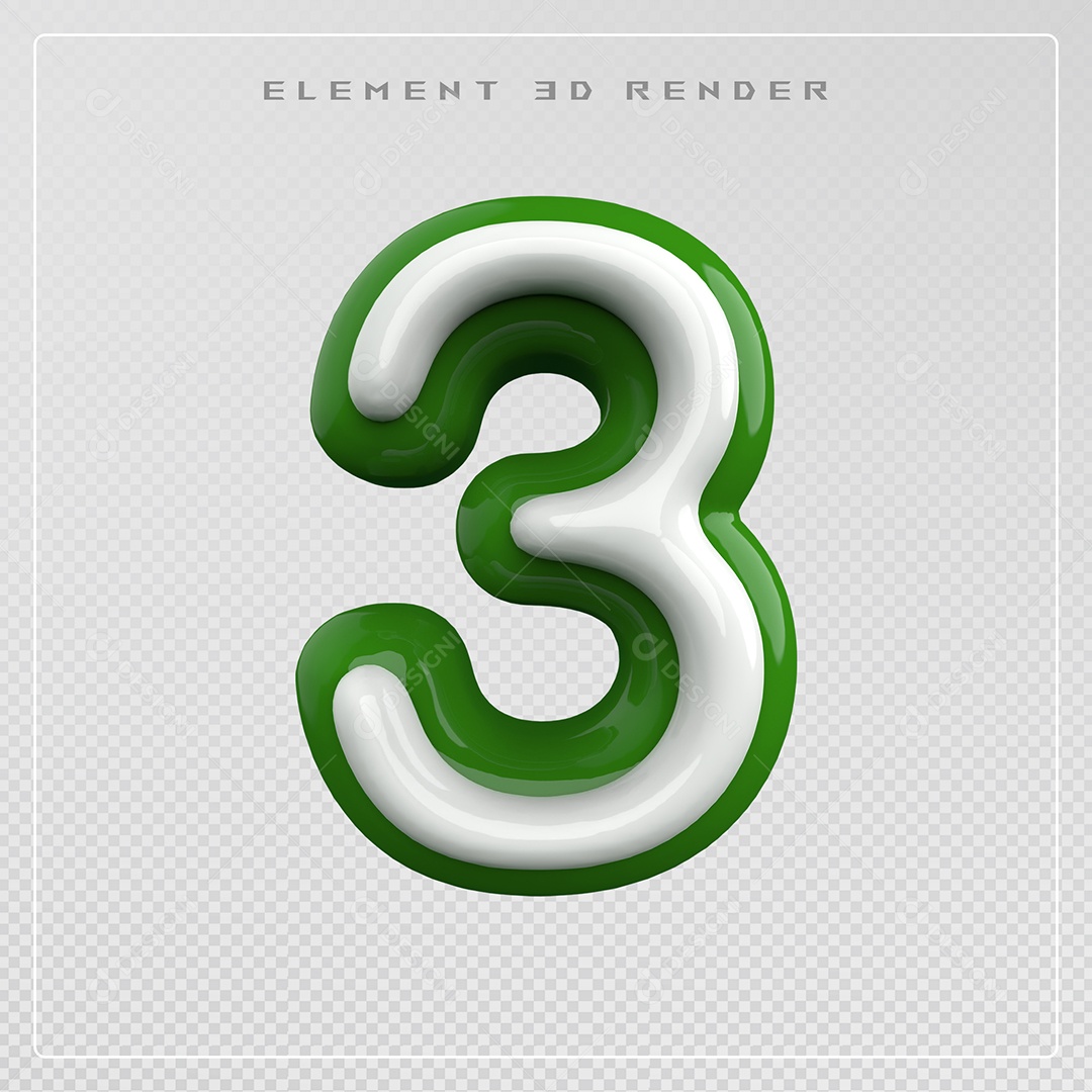 Elemento 3D Número 3 Verde e Branco para Composição PSD