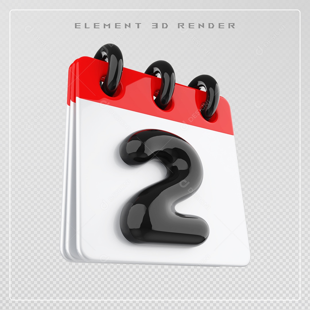 Calendário Dia 2 Elemento 3D Vermelho e Branco Para Composição PSD
