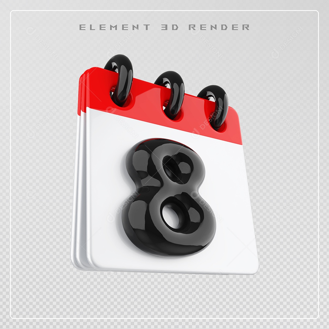 Calendário Dia 8 Elemento 3D Vermelho e Branco Para Composição PSD