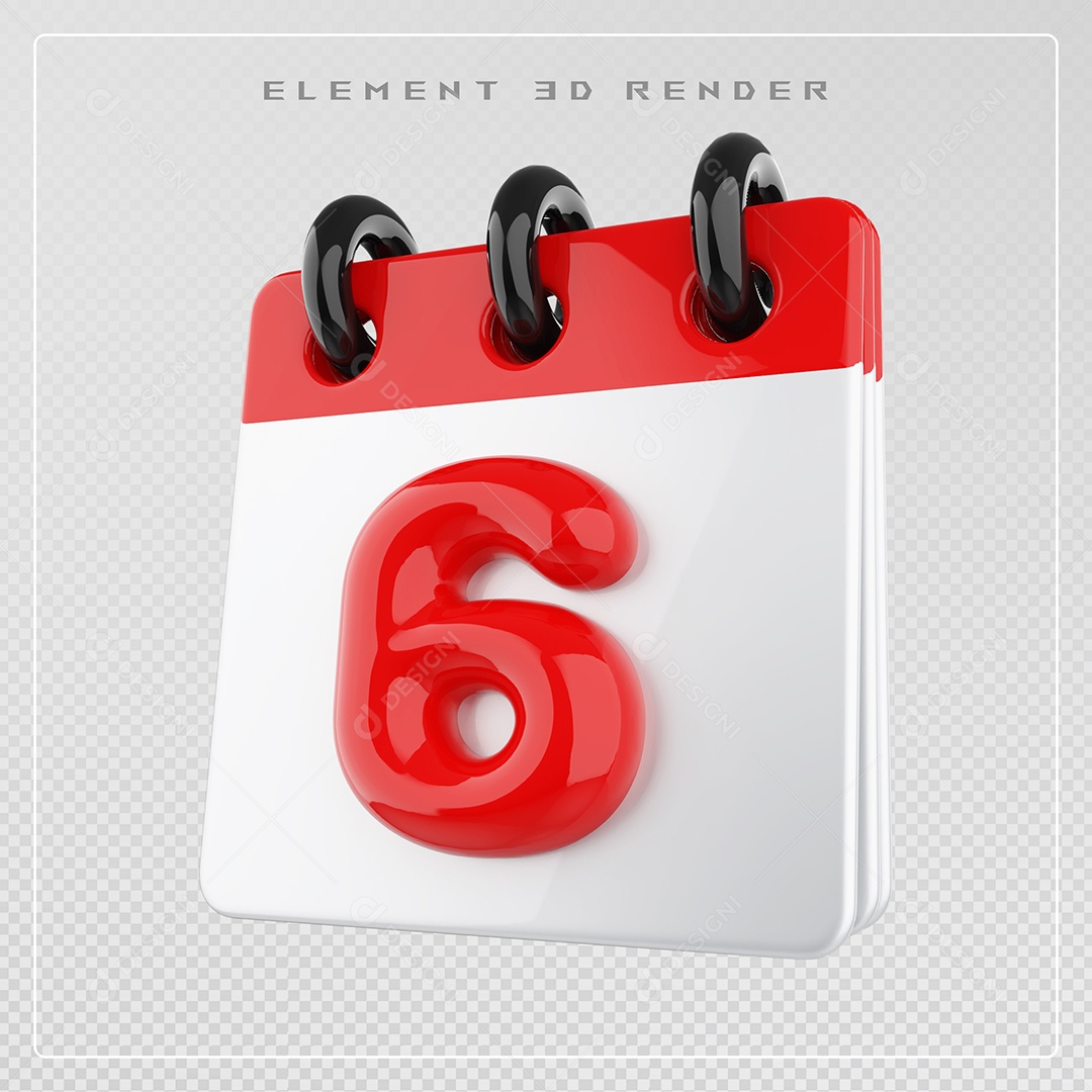 Calendário Dia 6 Elemento 3D Vermelho e Branco Para Composição PSD