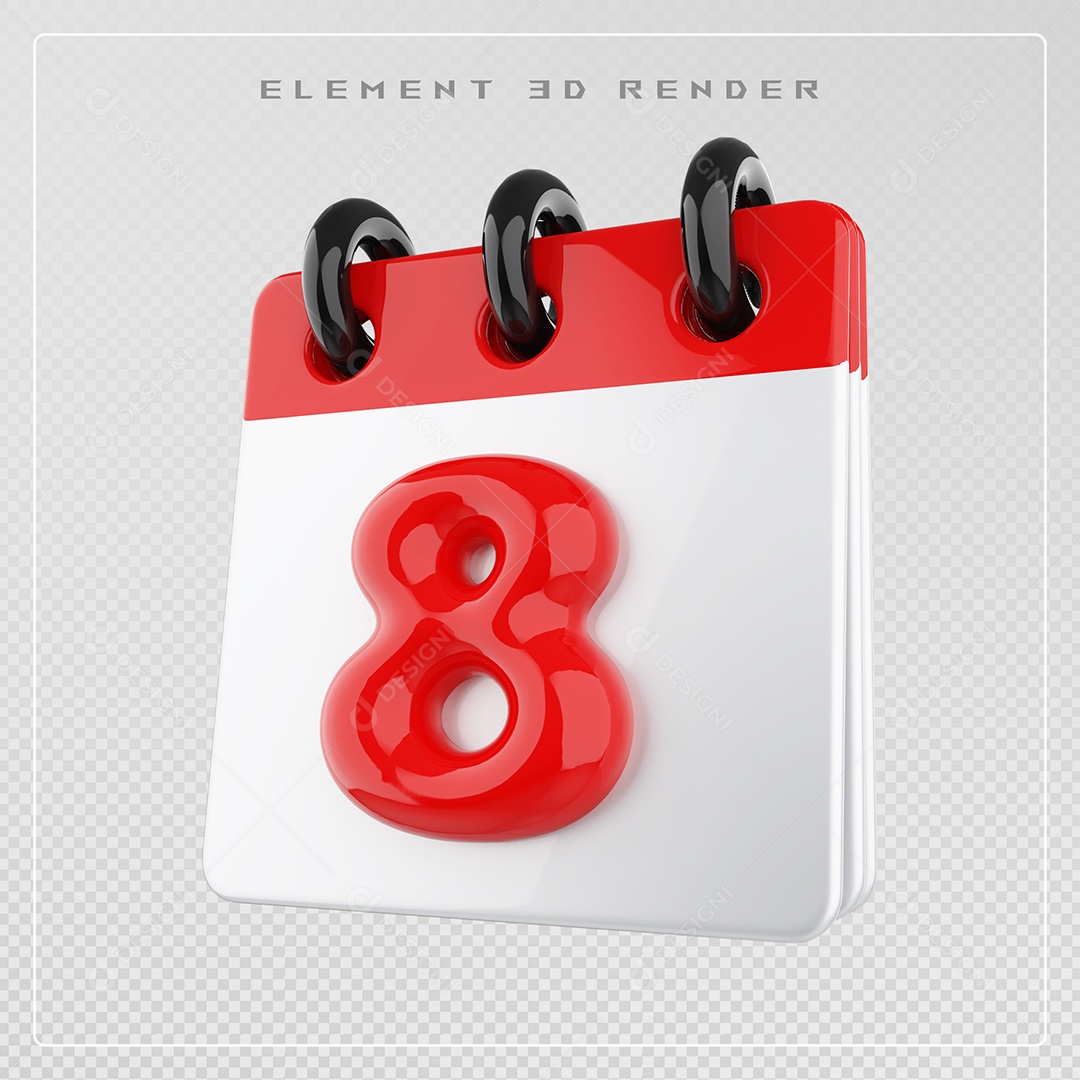 Calendário Dia 8 Elemento 3D Vermelho e Branco Para Composição PSD
