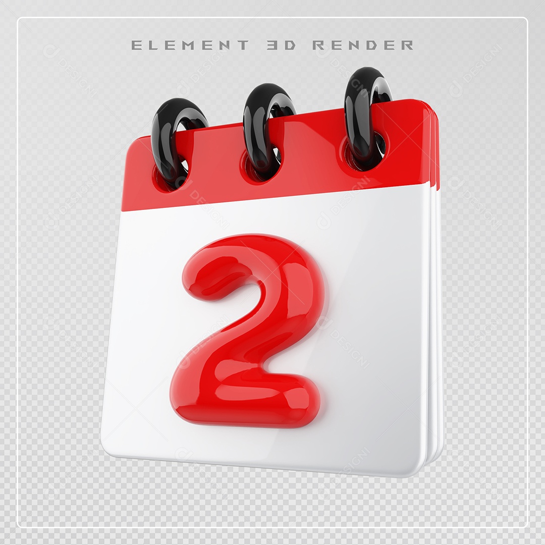 Calendário Dia 2 Elemento 3D Vermelho e Branco Para Composição PSD