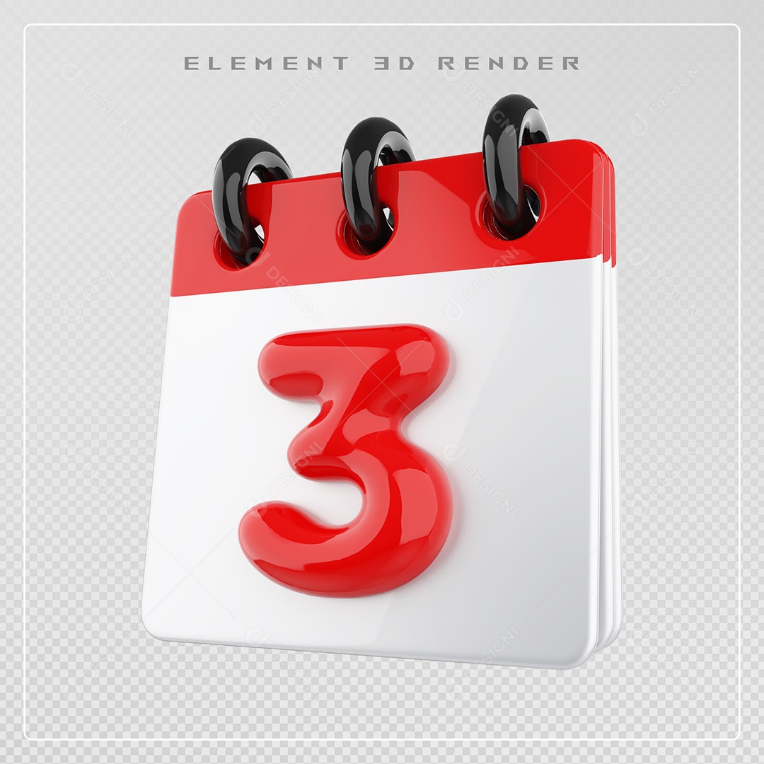 Calendário Dia 3 Elemento 3D Vermelho e Branco Para Composição PSD