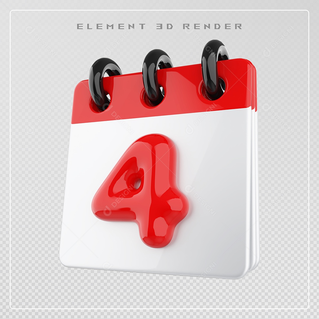 Calendário Dia 4 Elemento 3D Vermelho e Branco Para Composição PSD