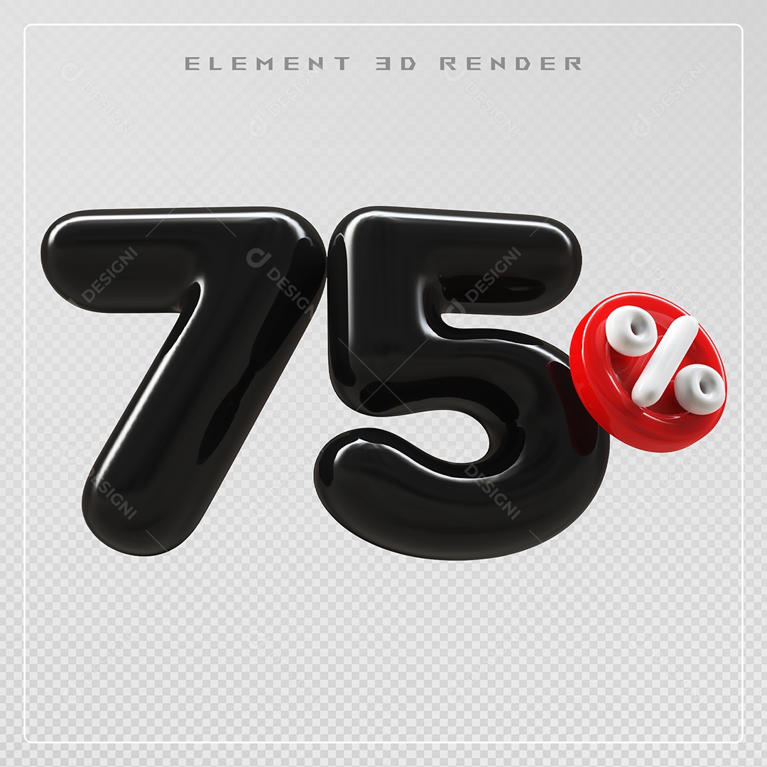 Elemento 3D Número 75% Desconto Preto para Composição PSD