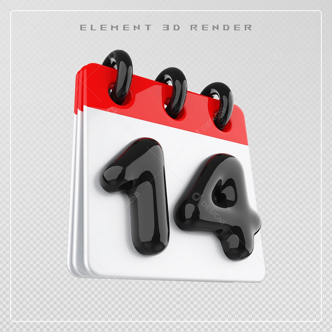 Calendário Dia 14 Elemento 3D Vermelho e Branco Para Composição PSD