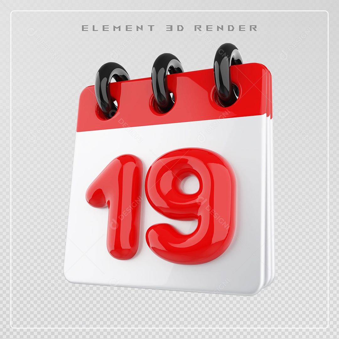 Calendário Dia 19 Elemento 3D Vermelho e Branco Para Composição PSD