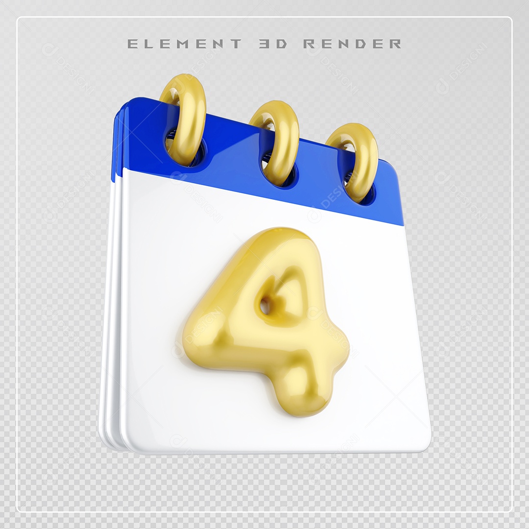 Calendário Dia 4 Elemento 3D Azul e Branco Para Composição PSD