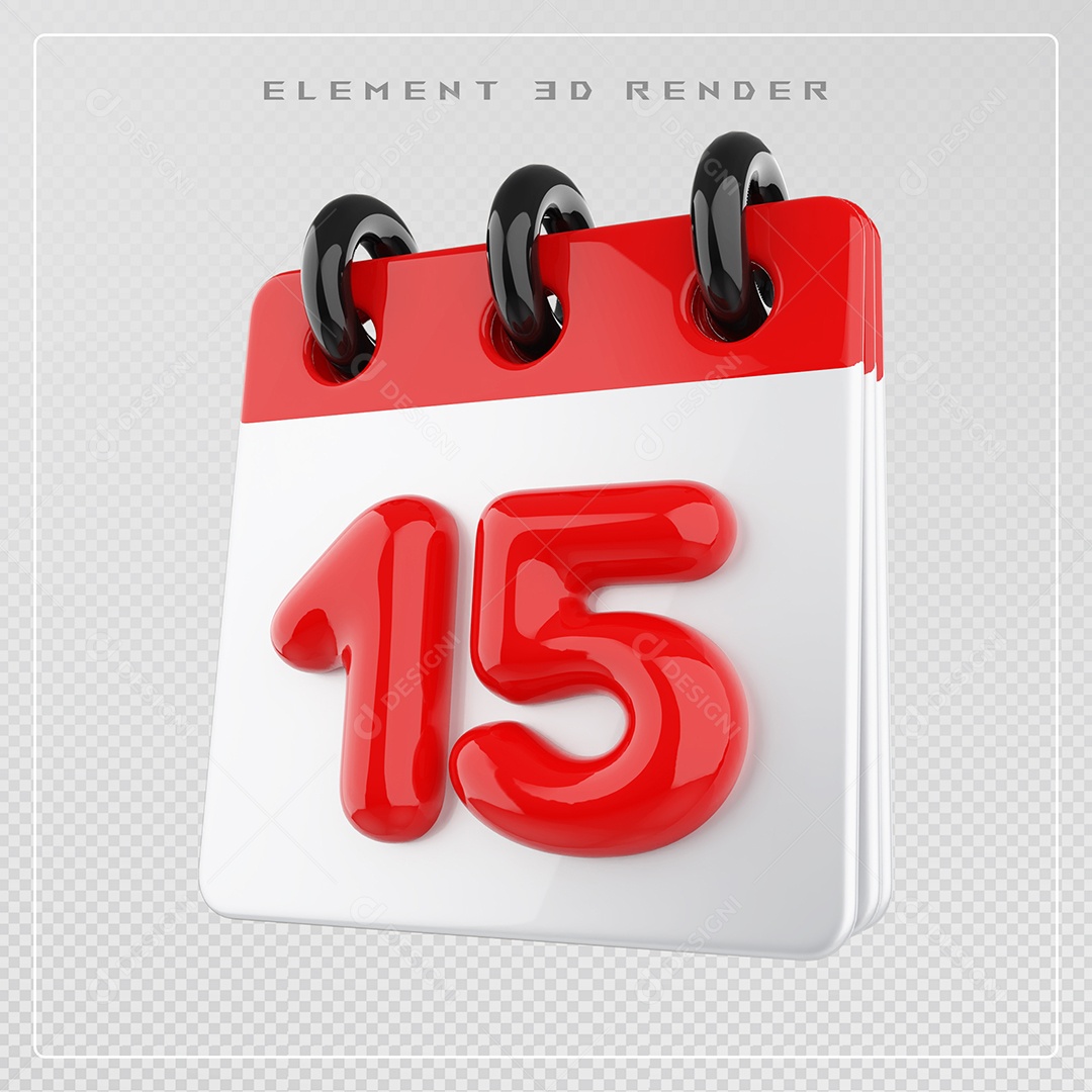Calendário Dia 15 Elemento 3D Vermelho e Branco Para Composição PSD