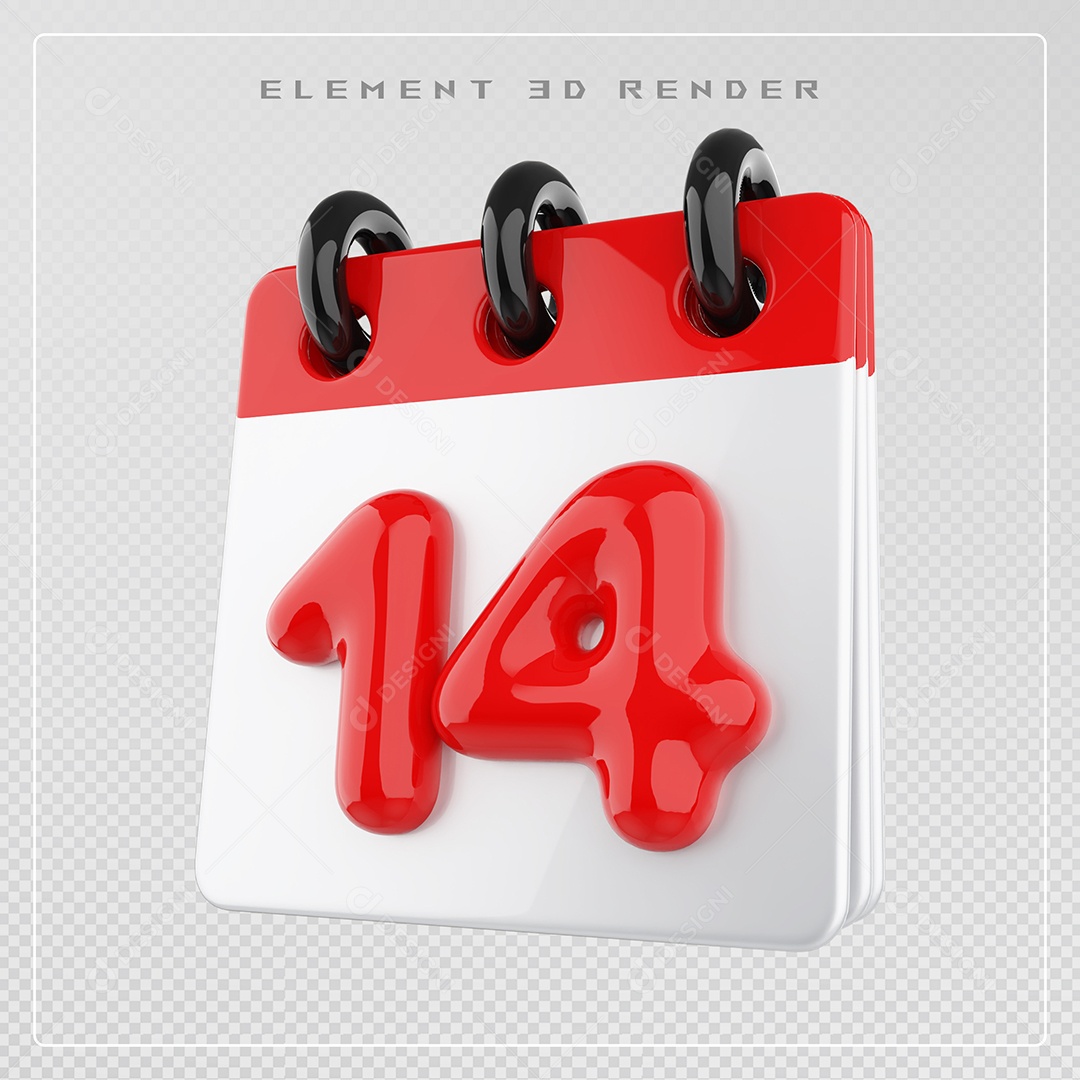 Calendário Dia 14 Elemento 3D Vermelho e Branco Para Composição PSD