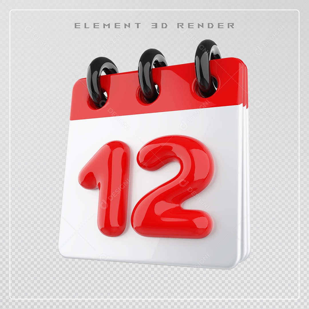 Calendário Dia 12 Elemento 3D Vermelho e Branco Para Composição PSD