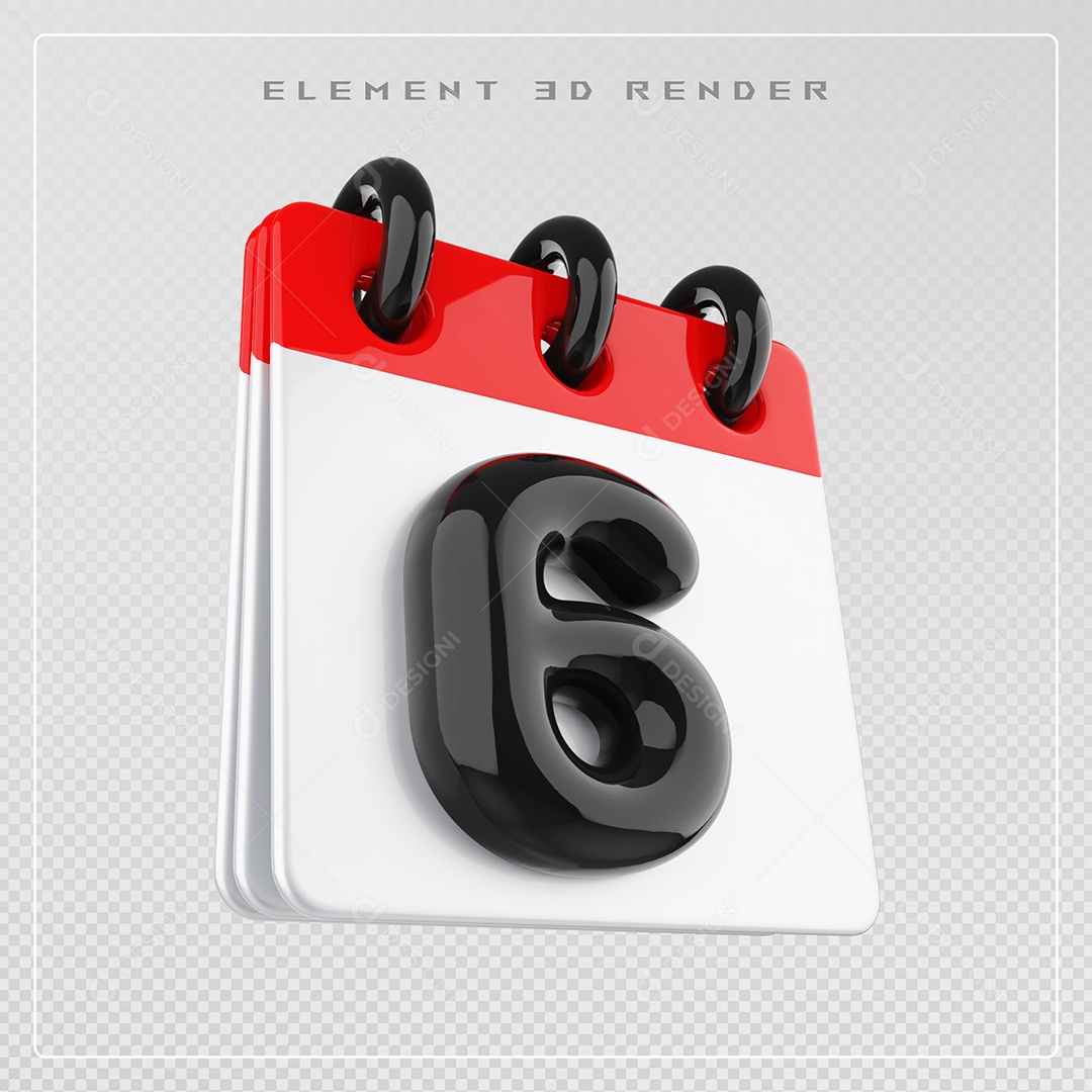 Calendário Dia 6 Elemento 3D Vermelho e Branco Para Composição PSD