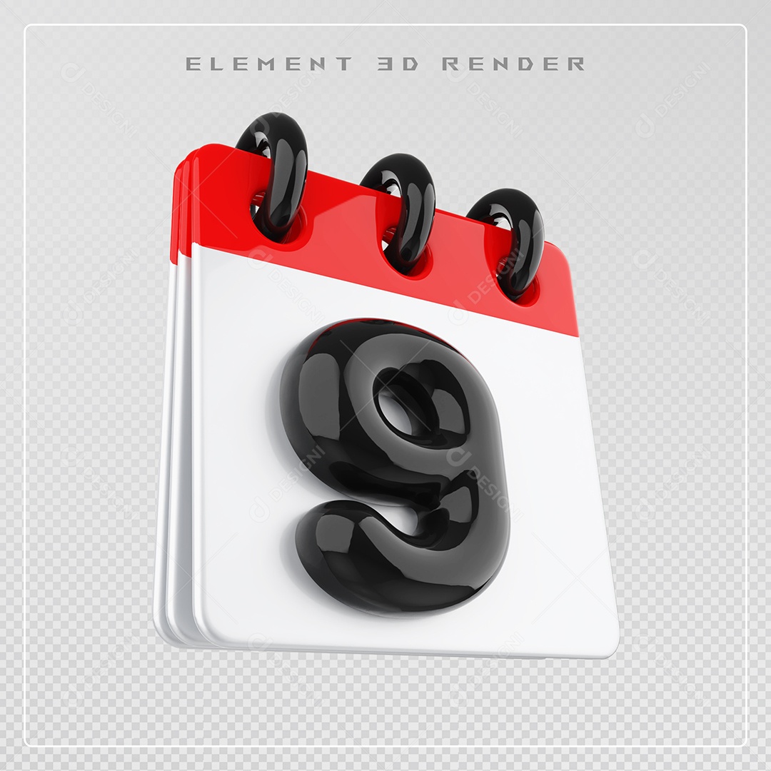 Calendário Dia 9 Elemento 3D Vermelho e Branco Para Composição PSD
